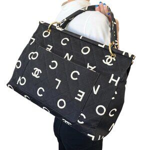 CHANEL Vintage 97P CC Logo Letter Quilted Tote Bag Cotton Black White [106036]